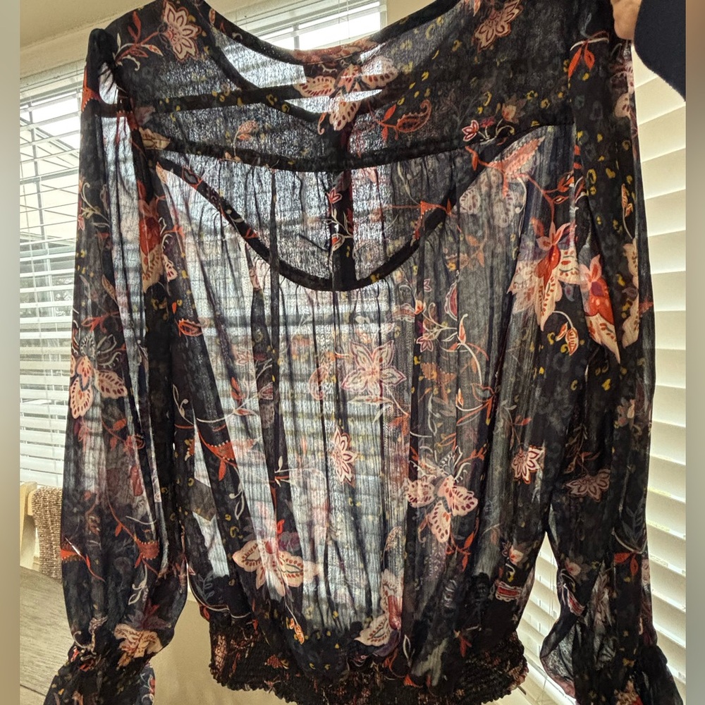 Democracy | Flowy Semi-Sheer Long Blouson Sleeve Blouse with Smocked Hem M… - Picture 7 of 10